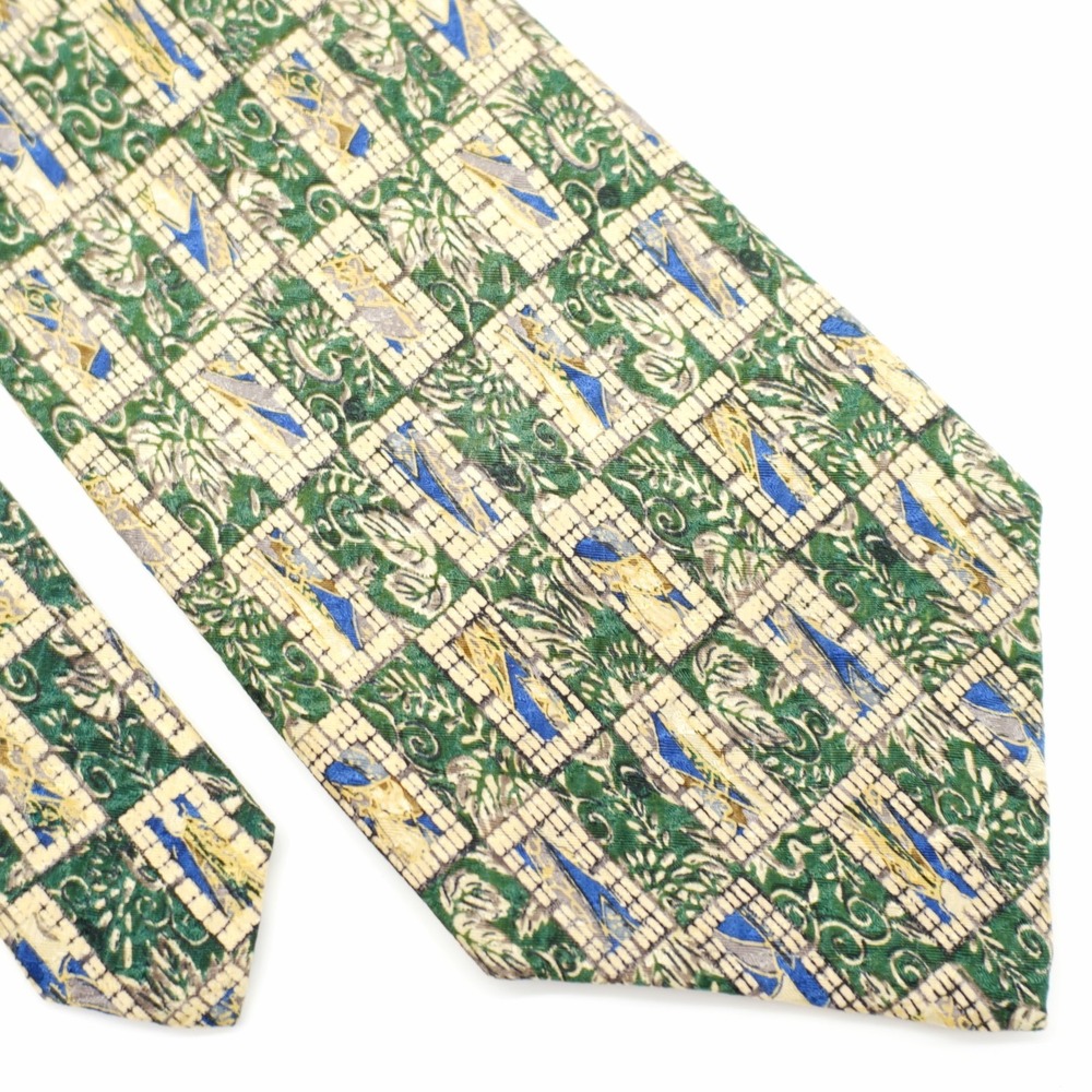 XMI Nordstrom Silk Tie Green Tan Print‎ Wide Geometric Abstract